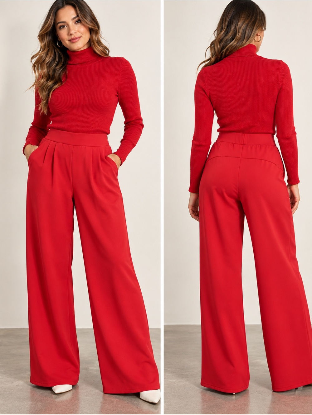 Feiersi Red Wide Leg Pants Size L 90% Cotton Stretch Pleated High Rise10%spandex